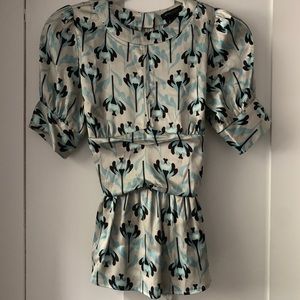 BCBG Art Nouveau Floral Silky Blouse Tie Waist XS